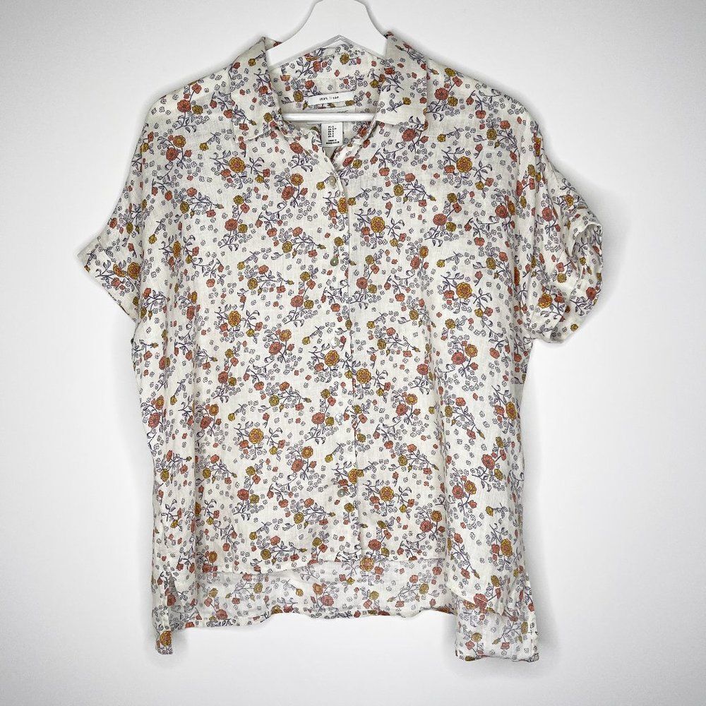 RACHEL ZOE Linen Floral Button Down Blouse 
